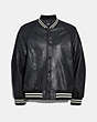 COACH®,LEATHER VARSITY JACKET,Black,Front View