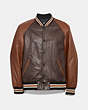 COACH®,LEATHER VARSITY JACKET,Leather,Mahogany Dark Fawn,Front View