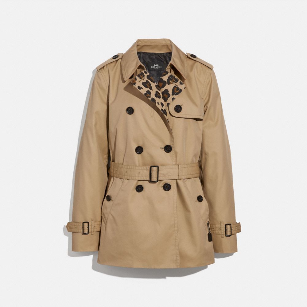 COACH®,LEOPARD PRINT SHORT TRENCH,cotton,Classic Khaki,Front View