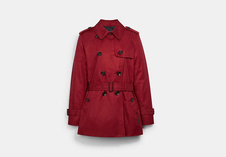 COACH®,SHORT TRENCH,cotton,RUBY,Front View