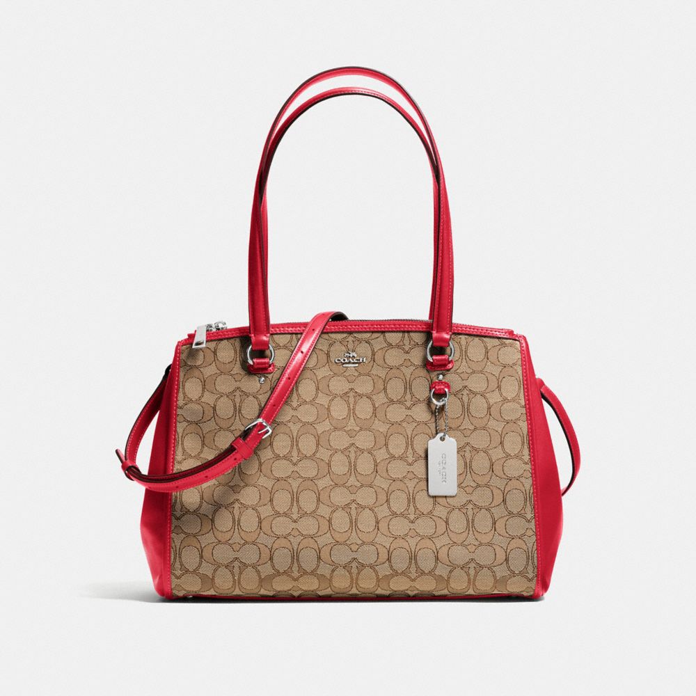 COACH®,STANTON CARRYALL IN SIGNATURE JACQUARD,Coated Canvas,Medium,Silver/Khaki/True Red,Front View