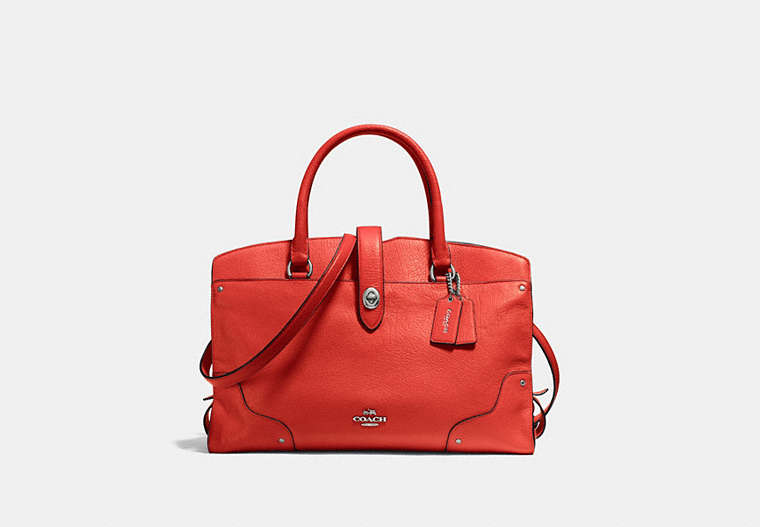 COACH®,MERCER SATCHEL,Leather,X-Large,Silver/CARMINE,Front View