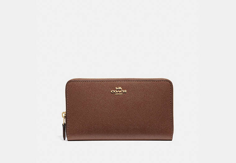 COACH®,CONTINENTAL ZIP AROUND WALLET,PU Split Leather,Gold/Saddle 2,Front View