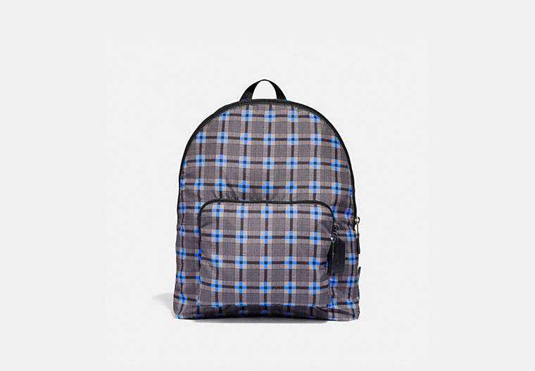 COACH®,PACKABLE BACKPACK WITH PLUS PLAID PRINT,Synthetic,Large,Gunmetal/Grey Multi,Front View