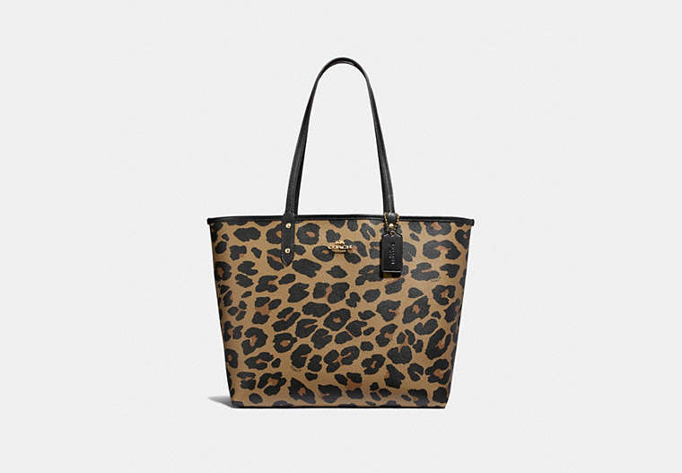 COACH®,REVERSIBLE CITY TOTE WITH LEOPARD PRINT,pvc,Large,Gold/Black Natural,Front View