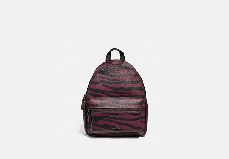 COACH®,MINI CHARLIE BACKPACK WITH TIGER PRINT,pvc,Medium,Gunmetal/Dark Red,Front View