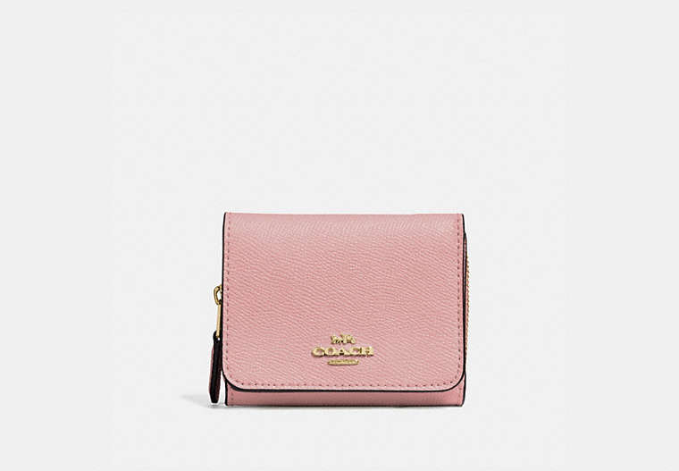 COACH®,SMALL TRIFOLD WALLET,pvc,Mini,Gold/Pink Petal,Front View
