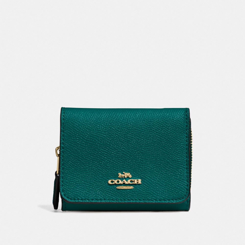 COACH®,SMALL TRIFOLD WALLET,Crossgrain Leather,Mini,Gold/Viridian,Front View