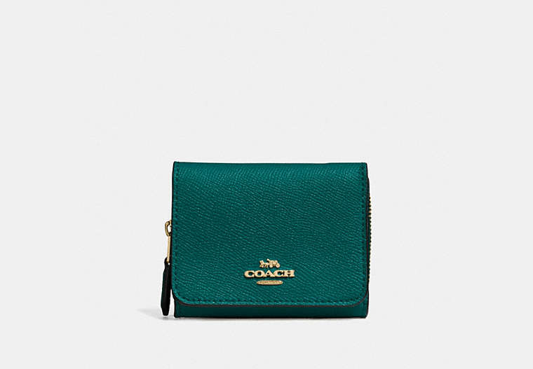 COACH®,SMALL TRIFOLD WALLET,pvc,Mini,Gold/Viridian,Front View