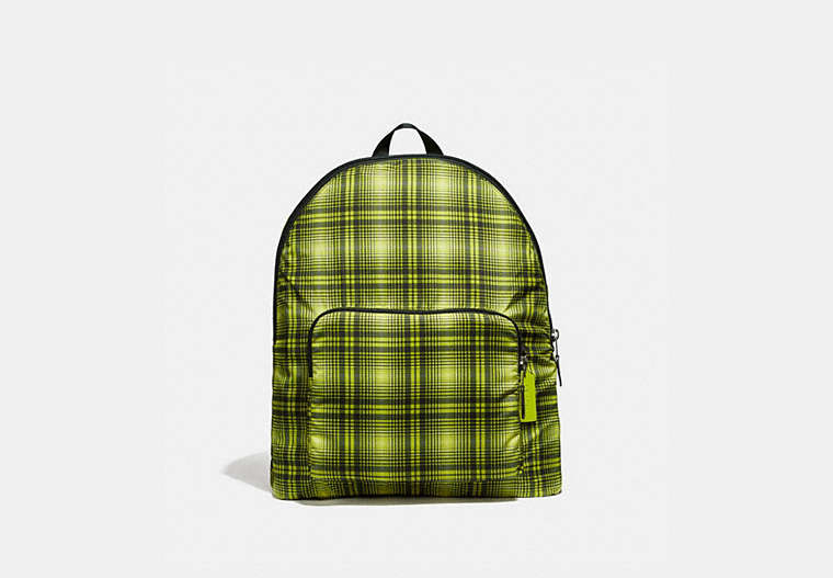COACH®,PACKABLE BACKPACK WITH SOFT PLAID PRINT,Gunmetal/Neon Yellow Multi,Front View