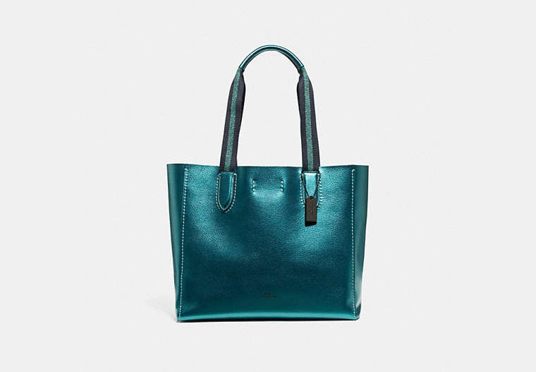 COACH®,DERBY TOTE,Leather,Large,Gunmetal/Metallic Viridian,Front View
