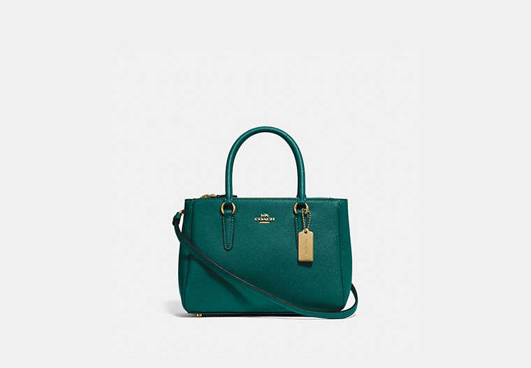 COACH®,MINI SURREY CARRYALL,Leather,Large,Gold/Viridian,Front View
