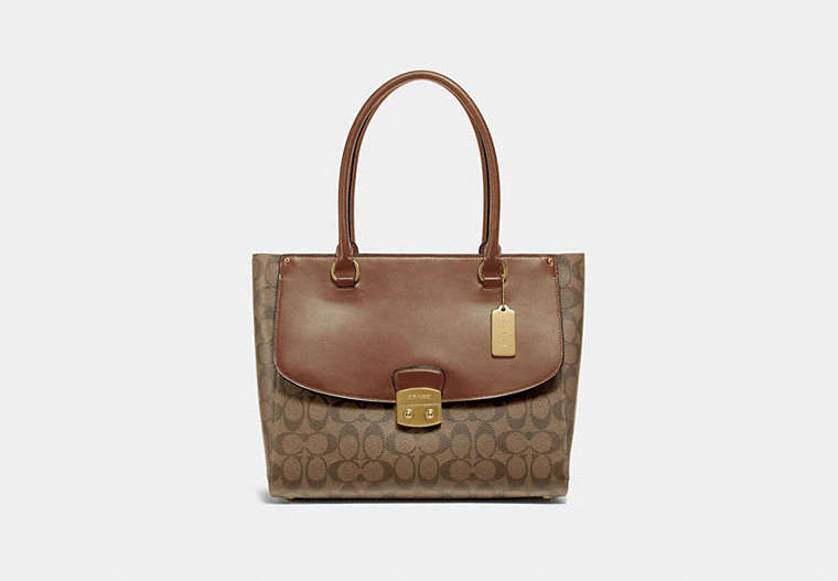 COACH®,AVARY TOTE IN SIGNATURE CANVAS,Leather,Large,Gold/Khaki Saddle 2,Front View