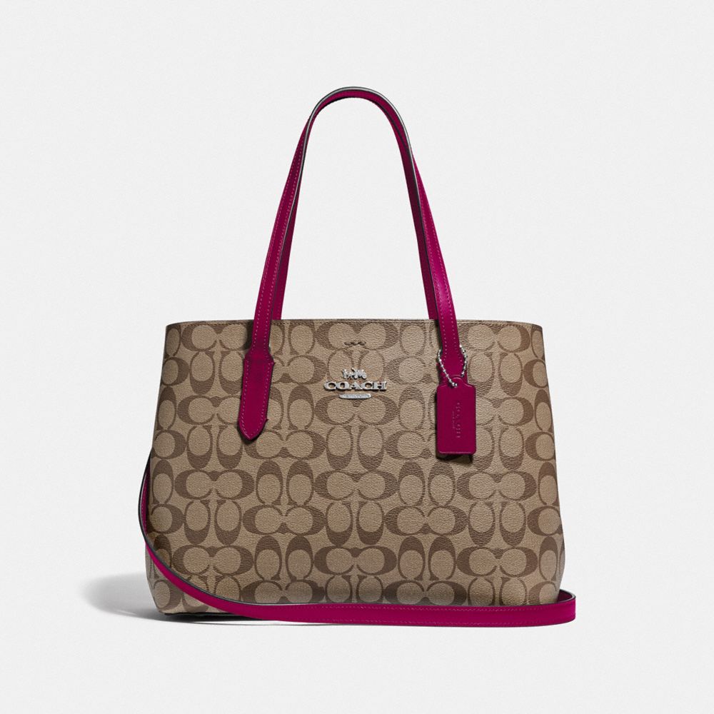 COACH®,AVENUE CARRYALL IN SIGNATURE CANVAS,Leather,Large,Silver/Khaki Dark Fuchsia,Front View