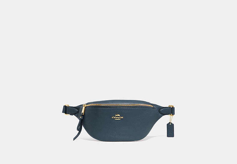 COACH®,BELT BAG,Leather,Medium,Gold/Denim,Front View