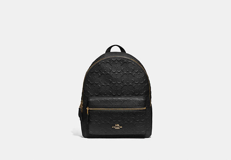 COACH®,MEDIUM CHARLIE BACKPACK IN SIGNATURE LEATHER,Leather,Large,Gold/Black,Front View