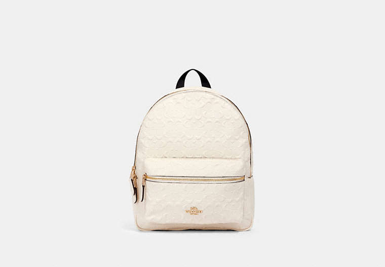 COACH®,MEDIUM CHARLIE BACKPACK IN SIGNATURE LEATHER,Leather,Large,Gold/Chalk,Front View