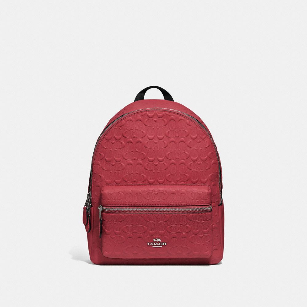 COACH®,MEDIUM CHARLIE BACKPACK IN SIGNATURE LEATHER,Leather,Large,Silver/Washed Red,Front View