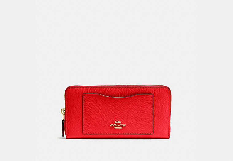 COACH®,ACCORDION ZIP WALLET,pusplitleather,Gold/Bright Red,Front View