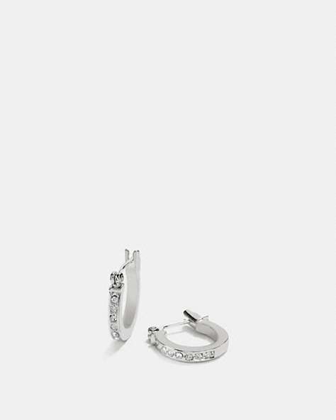 COACH®,PAVE SIGNATURE HUGGIE EARRINGS,Metal,Silver/Black,Front View
