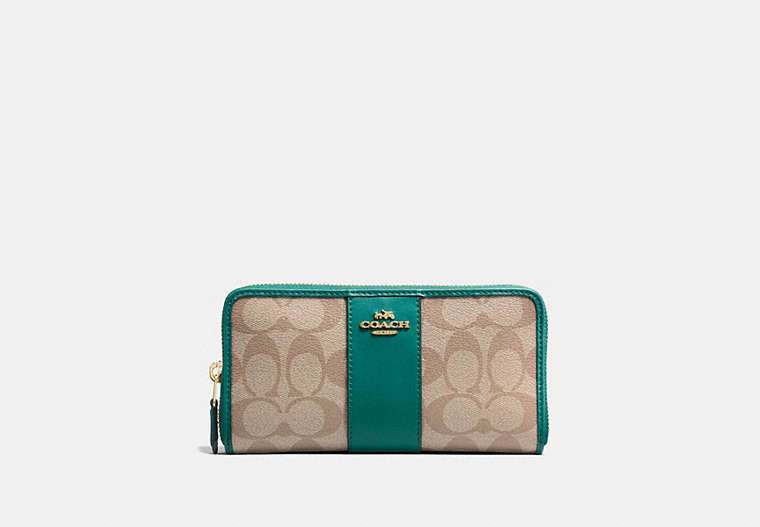 COACH®,ACCORDION ZIP WALLET IN SIGNATURE CANVAS,pvc,Gold/Khaki Dark Turquoise,Front View