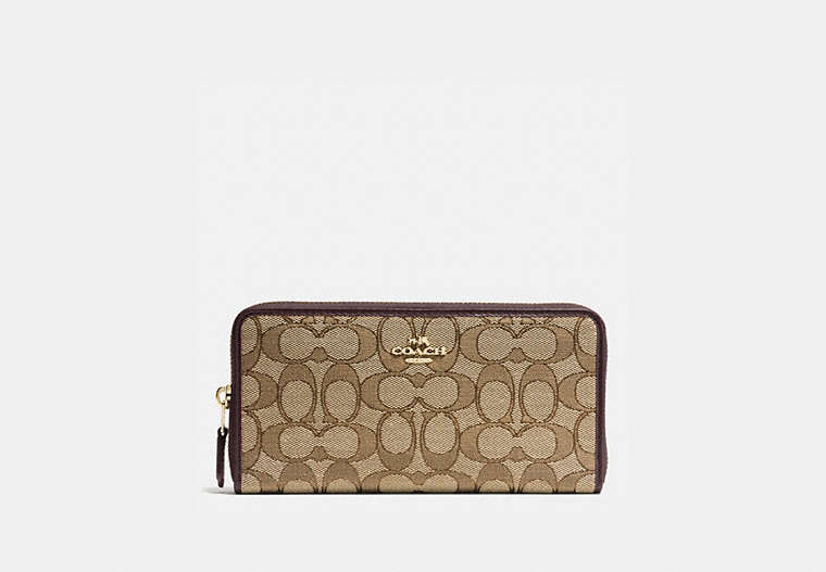 COACH®,ACCORDION ZIP WALLET IN SIGNATURE JACQUARD,Gold/Khaki Brown,Front View