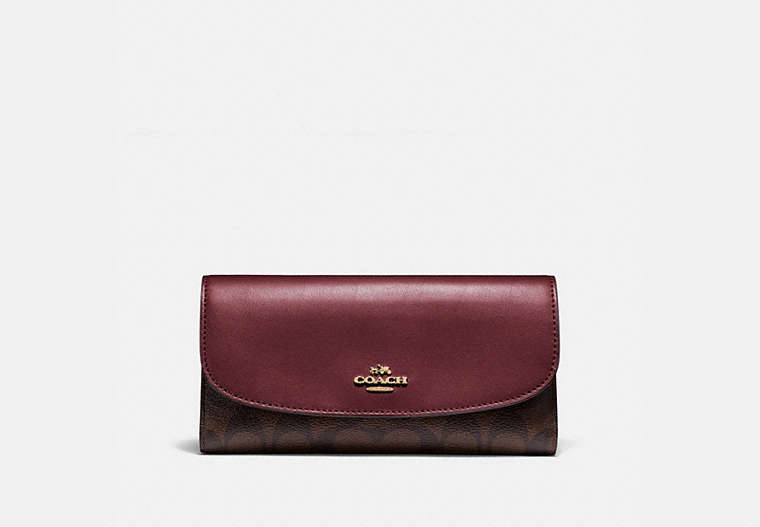 COACH®,CHECKBOOK WALLET IN SIGNATURE CANVAS,pvc,Gold/BROWN/WINE,Front View