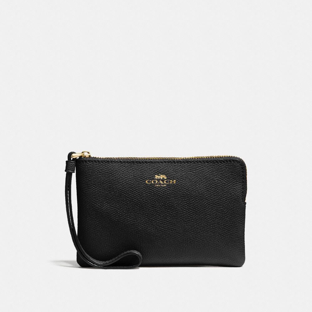 COACH®,CORNER ZIP WRISTLET,Crossgrain Leather,Mini,Gold/Black,Front View