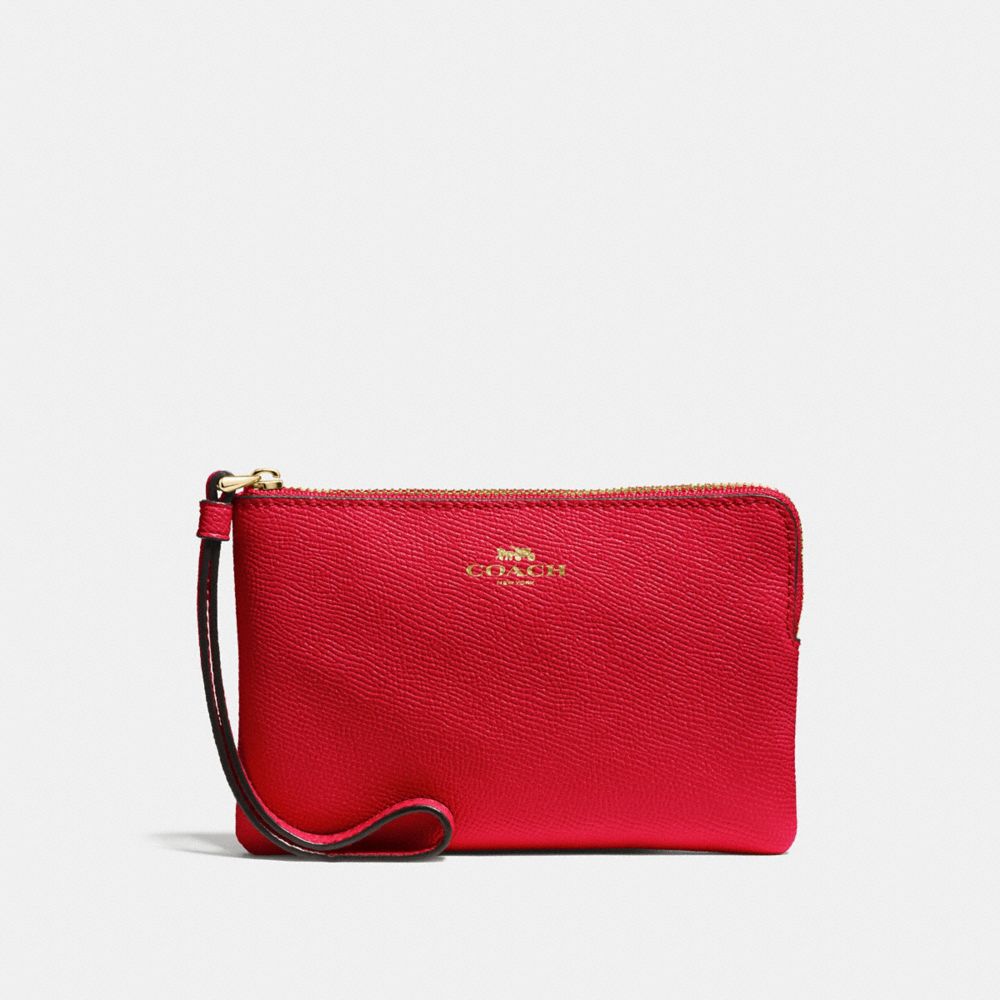 COACH®,CORNER ZIP WRISTLET,Crossgrain Leather,Mini,Gold/True Red,Front View