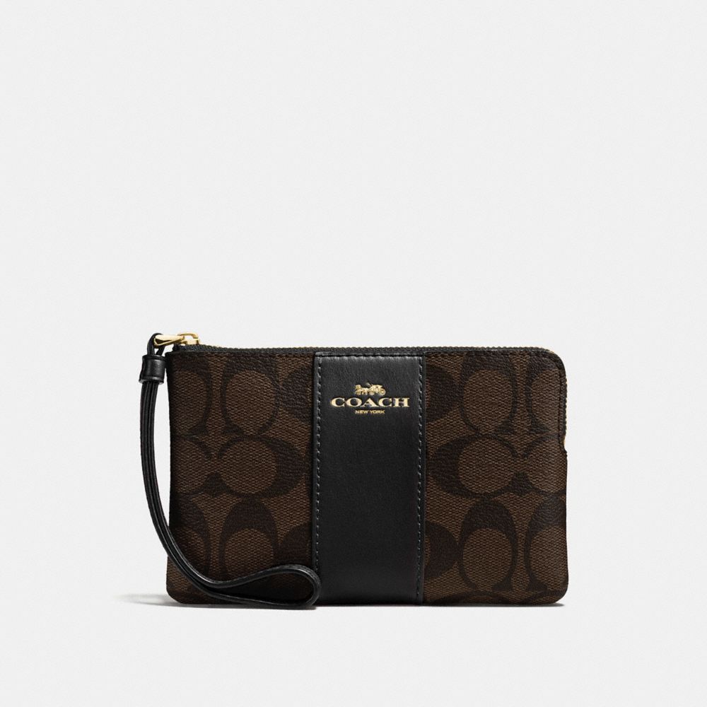 COACH®,CORNER ZIP WRISTLET IN SIGNATURE CANVAS,pvc,Mini,Gold/Brown Black,Front View image number 0