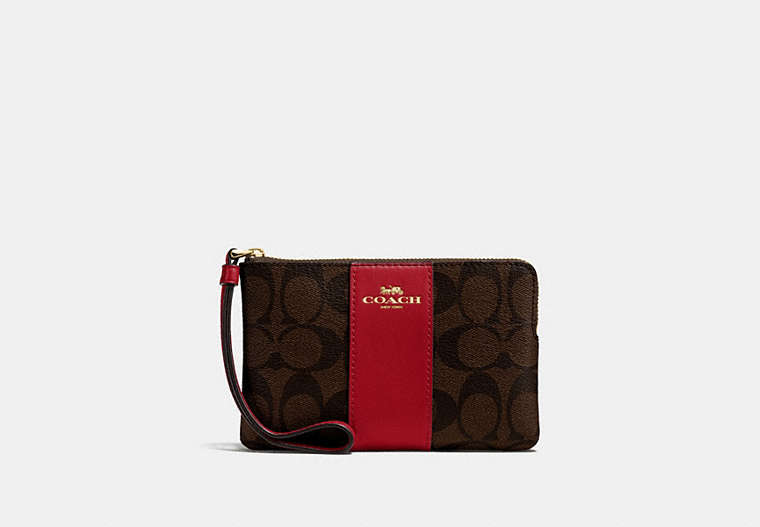 COACH®,CORNER ZIP WRISTLET IN SIGNATURE CANVAS,Mini,Gold/Brown Ruby,Front View