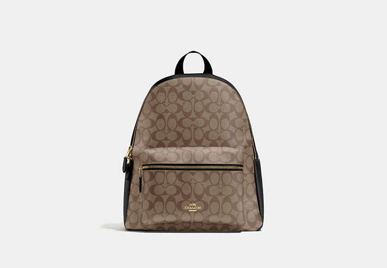 COACH®,CHARLIE BACKPACK IN SIGNATURE CANVAS,pvc,Medium,Gold/KHAKI/BLACK,Front View