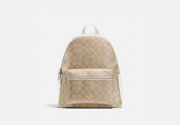 COACH®,CHARLIE BACKPACK IN SIGNATURE CANVAS,pvc,Medium,Gold/Light Khaki Chalk,Front View