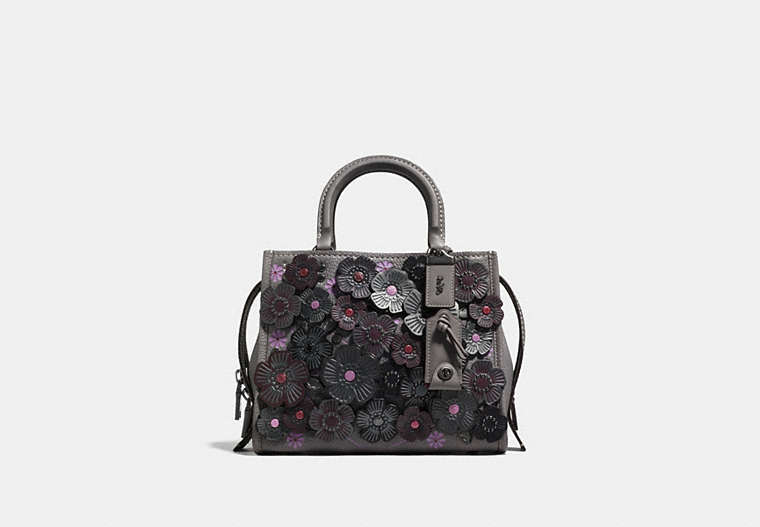 COACH®,ROGUE 25 WITH TEA ROSE,Leather,Small,Black Copper/Heather Grey,Front View