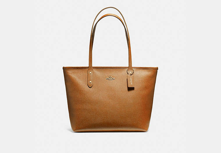 COACH®,CITY ZIP TOTE,pusplitleather,Medium,Gold/LIGHT SADDLE,Front View