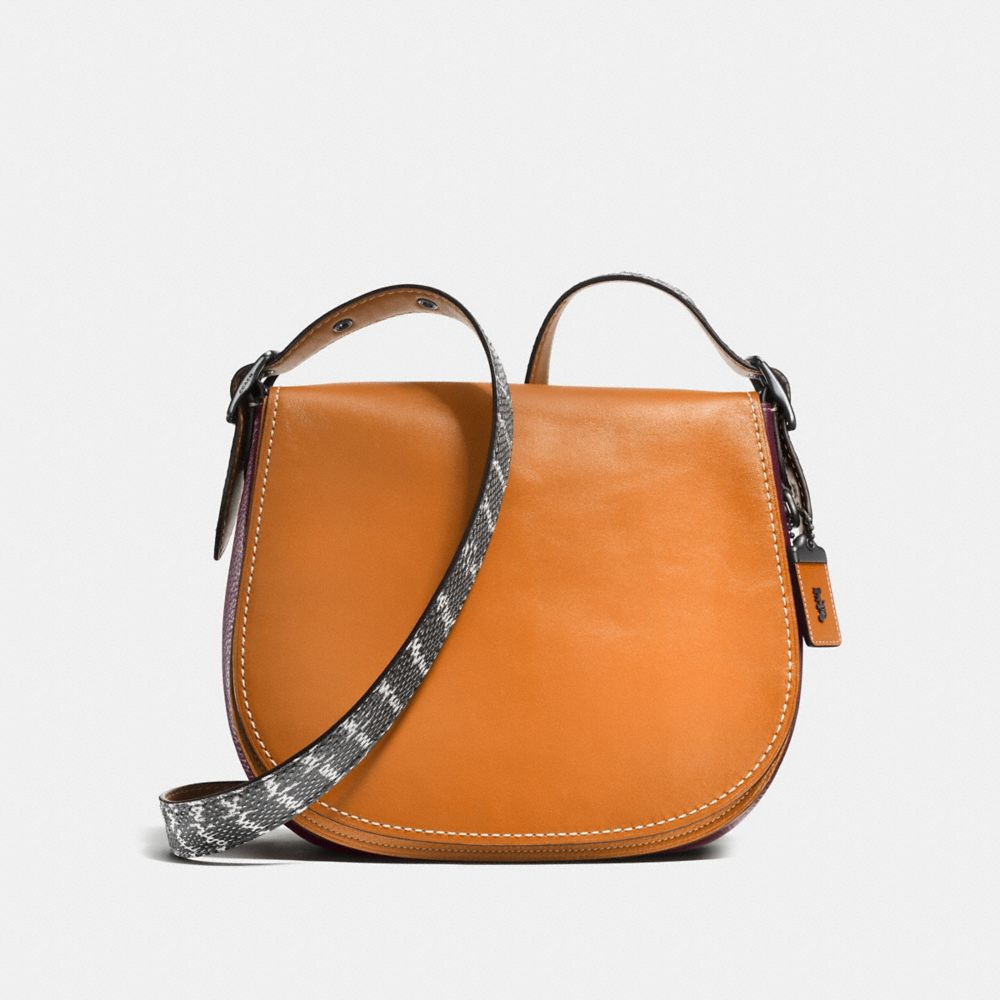 COACH®,SADDLE WITH COLORBLOCK SNAKESIN DETAIL,reptile,Small,Pewter/Butterscotch,Front View