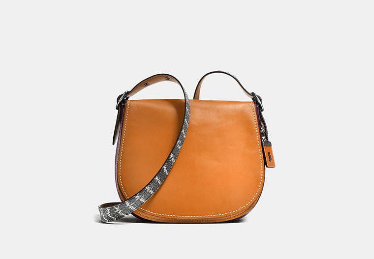 COACH®,SADDLE WITH COLORBLOCK SNAKESIN DETAIL,reptile,Small,Pewter/Butterscotch,Front View