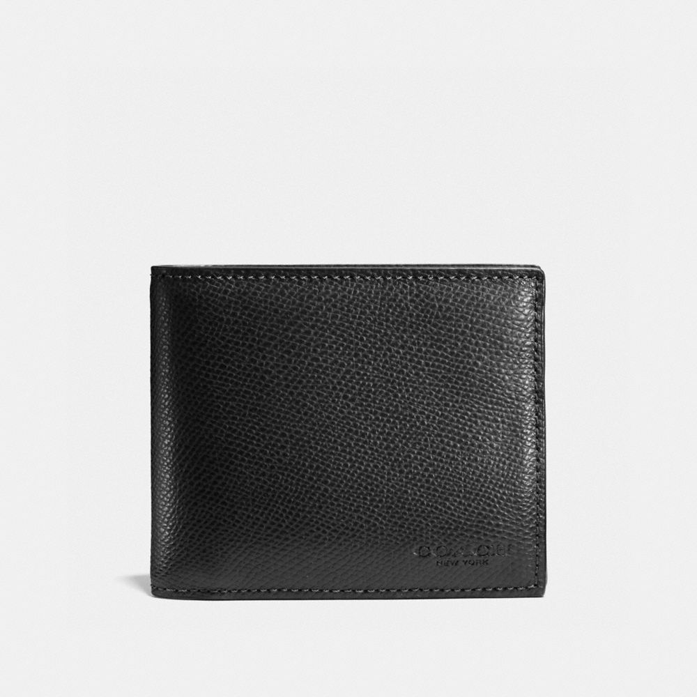 COACH®,COMPACT ID WALLET,Crossgrain Leather,Mini,Black,Front View