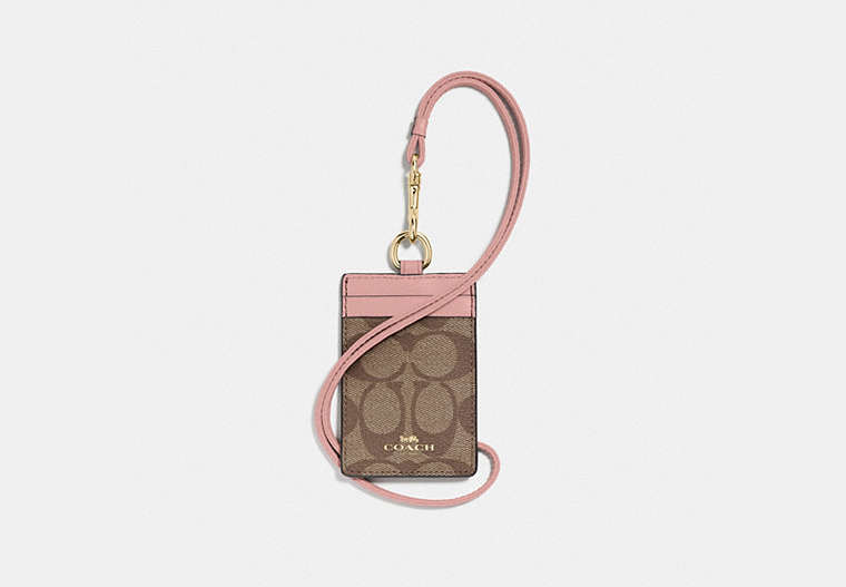 COACH®,ID LANYARD IN SIGNATURE CANVAS,pvc,Gold/Khaki Pink Petal,Front View