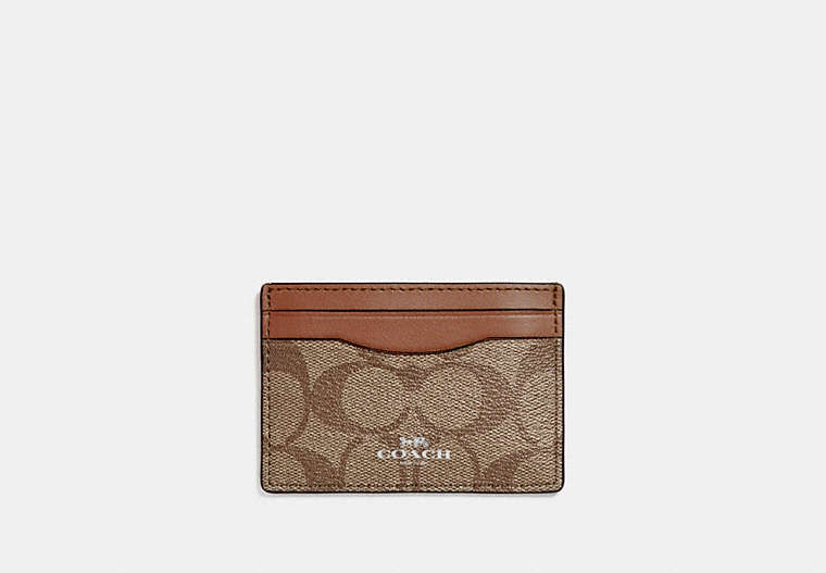 COACH®,CARD CASE IN SIGNATURE CANVAS,Gold/Khaki Saddle 2,Front View