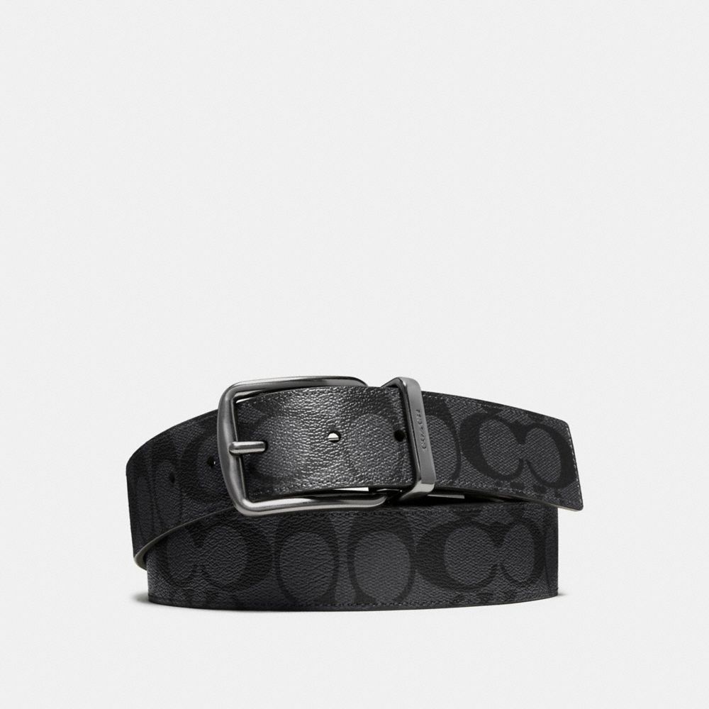 COACH®,HARNESS BUCKLE CUT-TO-SIZE REVERSIBLE BELT, 38MM,pvc,Charcoal/Black,Front View