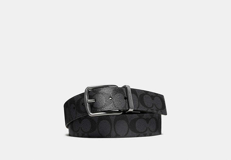 COACH®,HARNESS BUCKLE CUT-TO-SIZE REVERSIBLE BELT, 38MM,pvc,Charcoal/Black,Front View image number 0