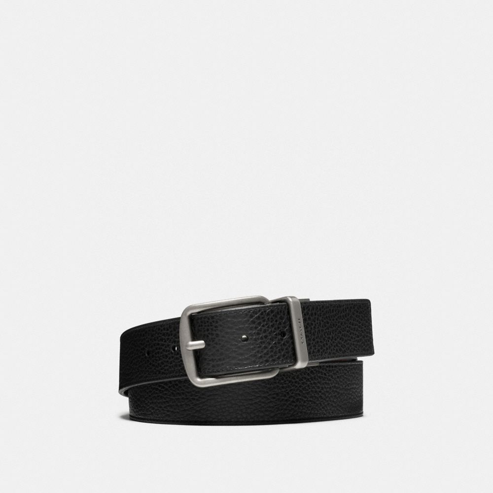 COACH®,HARNESS BUCKLE CUT-TO-SIZE REVERSIBLE BELT, 38MM,Pebbled Leather,Black Dark Brown,Front View image number 0