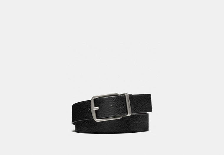 COACH®,HARNESS BUCKLE CUT-TO-SIZE REVERSIBLE BELT, 38MM,Pebbled Leather,Black Dark Brown,Front View image number 0