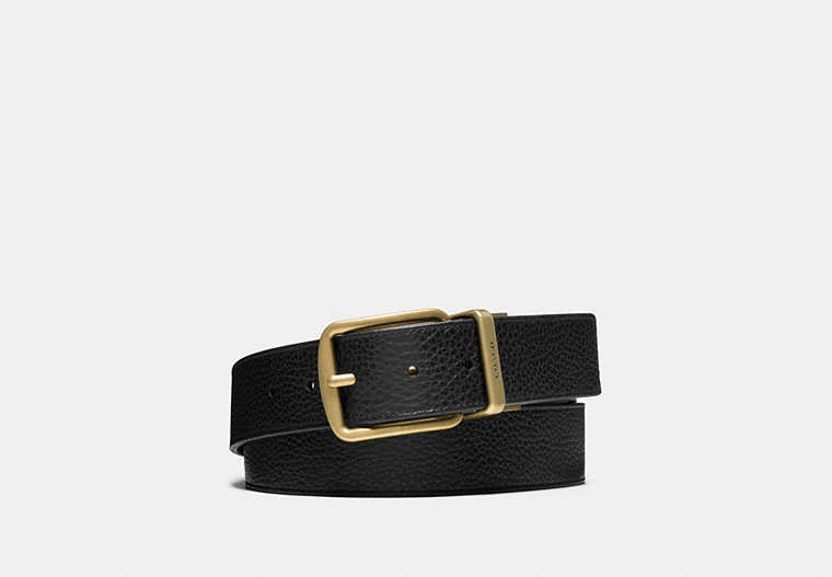 COACH®,HARNESS BUCKLE CUT-TO-SIZE REVERSIBLE BELT, 38MM,Pebbled Leather,At/Black/Dark Brown,Front View