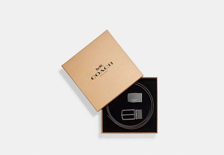 COACH®,MOD PLAQUE HARNESS CUT-TO-SIZE REVERSIBLE BELT,Leather,Black Dark Brown,Front View
