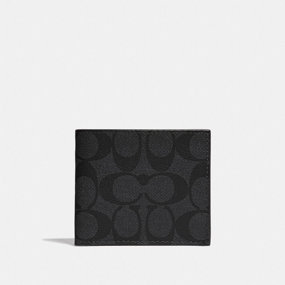 COACH®,ID BILLFOLD WALLET IN SIGNATURE CANVAS,pvc,Gunmetal/Charcoal/Black,Front View