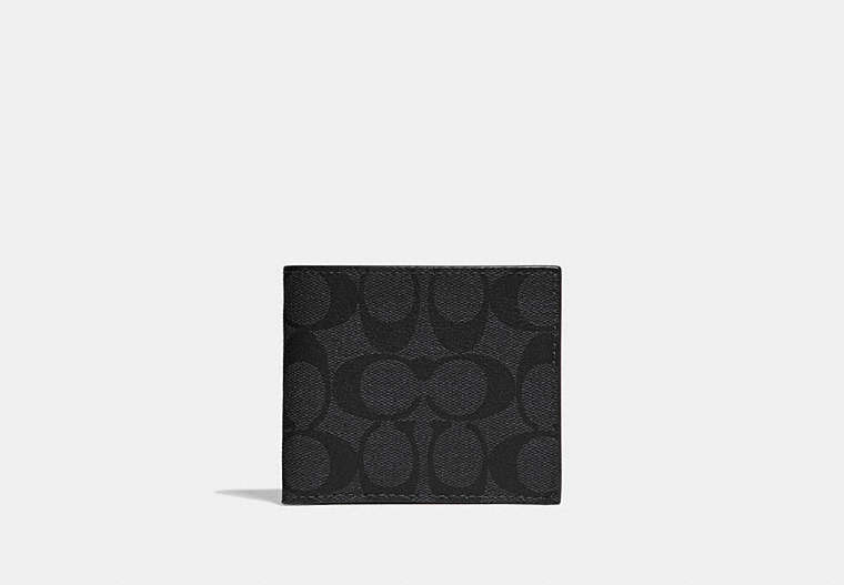 COACH®,ID BILLFOLD WALLET IN SIGNATURE CANVAS,pvc,Gunmetal/Charcoal/Black,Front View