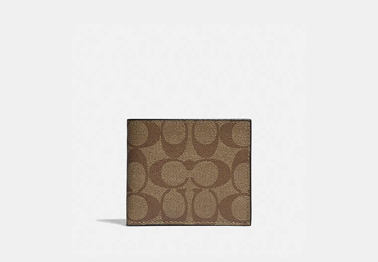COACH®,ID BILLFOLD WALLET IN SIGNATURE CANVAS,pvc,Gunmetal/Tan,Front View image number 0