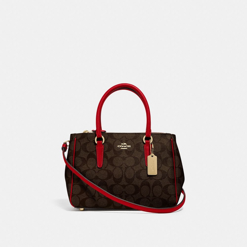 COACH®,MINI SURREY CARRYALL IN SIGNATURE CANVAS,pvc,Medium,Gold/Brown True Red,Front View